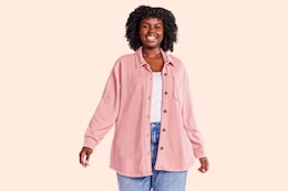 Woman wearing Terra & Sky (plus size) Shacket in the color "Retro Mauve"