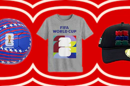 fifa world cup soccer ball, tshirt, and hat on a red background