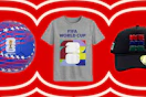 fifa world cup soccer ball, tshirt, and hat on a red background