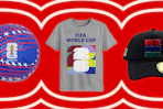 fifa world cup soccer ball, tshirt, and hat on a red background
