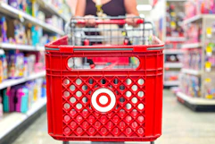 a person pushing a target cart in store