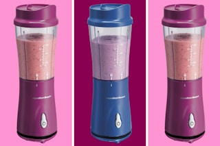 A triptych of three blenders in two different colors