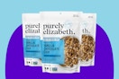 Purely Elizabeth Vanilla Chocolate Chip Granola on a purple background.