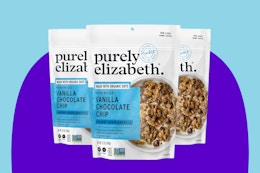 Purely Elizabeth Vanilla Chocolate Chip Granola on a purple background.