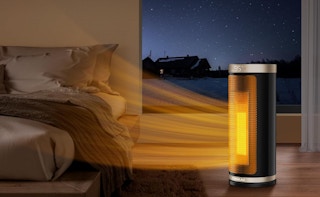 a space heater in a room next to a window