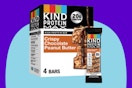 KIND Protein MAX Crispy Chocolate Peanut Butter Snack Bars on a blue background.