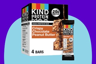 KIND Protein MAX Crispy Chocolate Peanut Butter Snack Bars on a blue background.