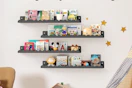 floating shelves holding kids' items