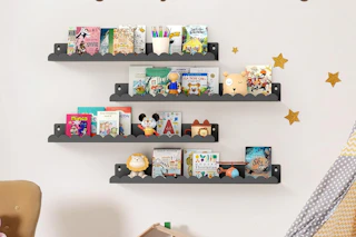 floating shelves holding kids' items