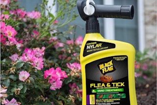 a yellow bottle of yard pesticide spray sitting near flowers outside