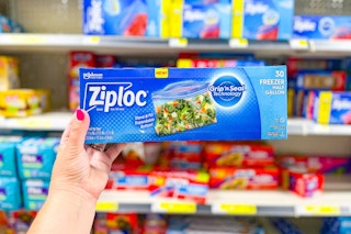 hand holding a box of ziploc freezer bags at dollar general