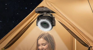 a camping fan and light on a tent 