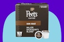 Peet's Coffee, Dark Roast Keurig K-Cup Pods on a blue background.