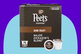 Peet's Coffee, Dark Roast Keurig K-Cup Pods on a blue background.