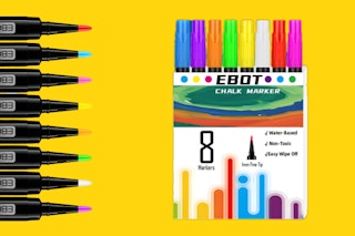 Eight chalk marker tips point to a package of eight chalk markers.