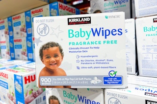 kirkland baby wipes stacked at costco
