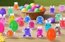 a table with colorful Easter toys and Easter eggs