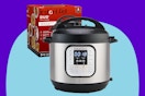 Insta Pot Duo slow cooker on a blue background.