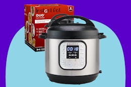 Insta Pot Duo slow cooker on a blue background.