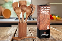 8-Piece Wooden Spoon and Holder Set, $22 on Amazon card image