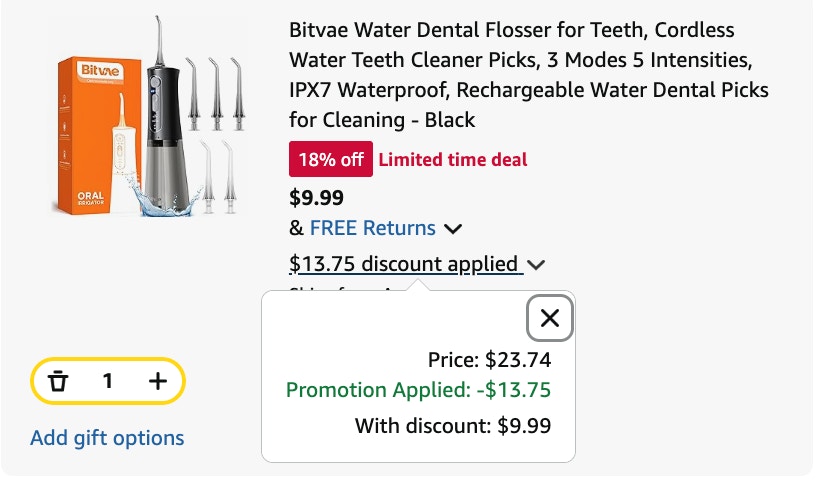 Bitvae water flosser Amazon receipt