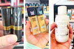 collage image of revlon lipstick, maybelline foundation, and physicians formula makeup remover