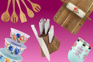 Pioneer Woman cooking utensils, mixing bowls, knife block, and rolling pin and holder