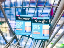 Neutrogena Hydro Boost Lip Balm boxes in a Walmart cart