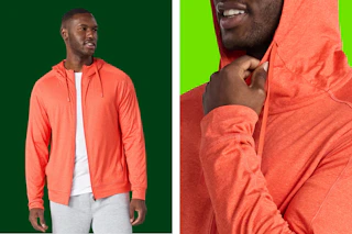 Stock images of a male model wearing an Athletic Works Buttercore full zip hoodie in the color "Chili Pepper Heather"