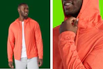 Stock images of a male model wearing an Athletic Works Buttercore full zip hoodie in the color "Chili Pepper Heather"