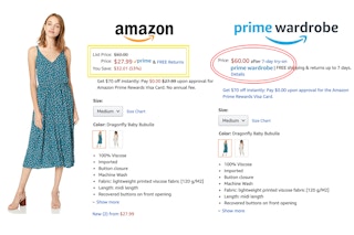 Price comparison of a dress on amazon verses the same dress from amazon prime wardrobe.