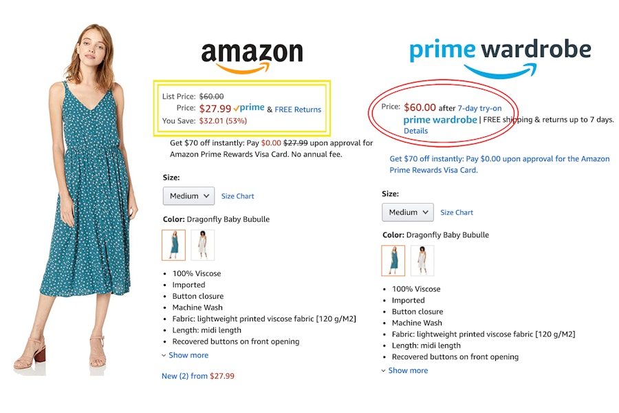 Price comparison of a dress on amazon verses the same dress from amazon prime wardrobe.