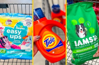 collage with pampers easy ups, tide detergent, and iams dog food