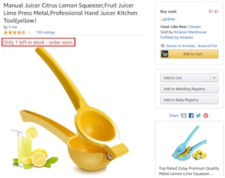 Screenshot of a manual juicer sold on Amazon Warehouse with a red box around the line reading "Only 1 left in stock - order soon