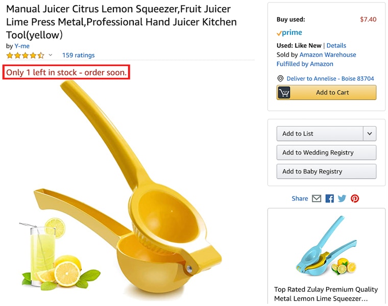 Screenshot of a manual juicer sold on Amazon Warehouse with a red box around the line reading "Only 1 left in stock - order soon