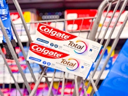 2 Colgate Total Toothpaste packages in Walmart shopping cart