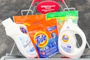 tide, gain, and downy laundry products in a cart