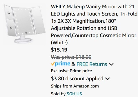 a makeup mirror ending in $15.19 in price