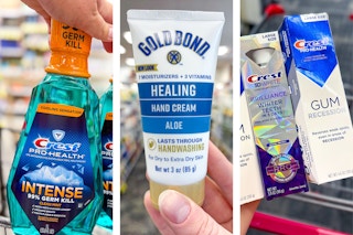collage image of crest toothpaste, mouthwash, and gold bond lotion