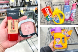 collage image of loreal makeup, arm & hammer laundry detergent, tide, bounce, downy, and febreze products