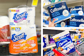 collage image of scott, charmin, and cottonelle toilet paper