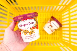 hand holding haagen-dazs ice cream over a yellow shopping basket
