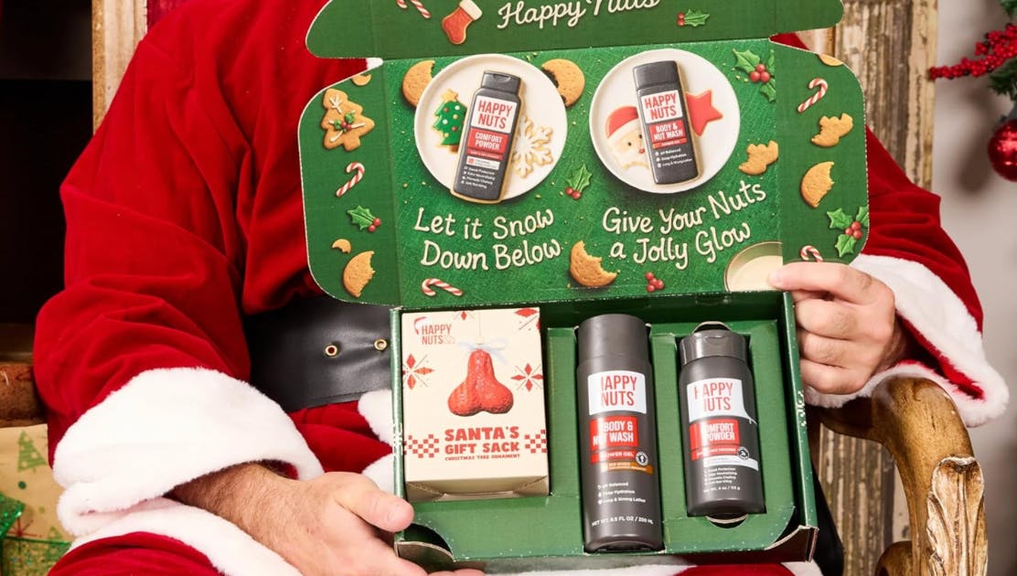 a Santa holding a gift set 