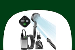 Get a Portable Camping Shower With Temperature Display for $25 on Amazon card image