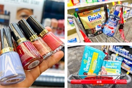 collage image of revlon nail polish, finish dishwashing products, and pampers diapers and wipes