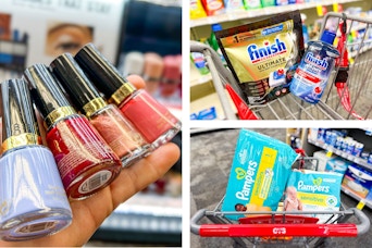 collage image of revlon nail polish, finish dishwashing products, and pampers diapers and wipes
