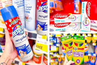 resolve carpet cleaner, colgate toothpaste, crayola colored pencils 3-photo collage