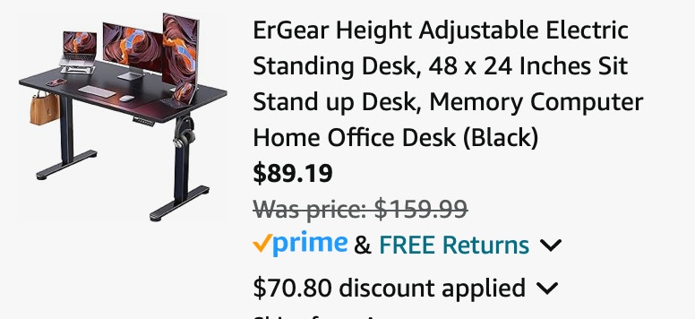 ErGear Height Adjustable Electric Standing Desk, 48 x 24 Inches