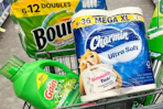 shopping cart with bounty, charmin, and gain