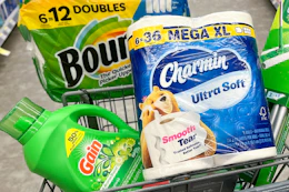 shopping cart with bounty, charmin, and gain